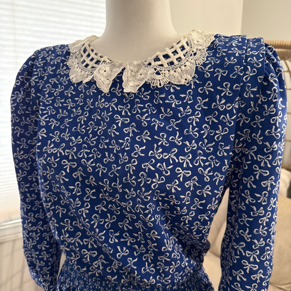 Vintage Stuart Alan Petites Blue Bow‎ Print Midi Dress Lace Collar Prairie Sz 10